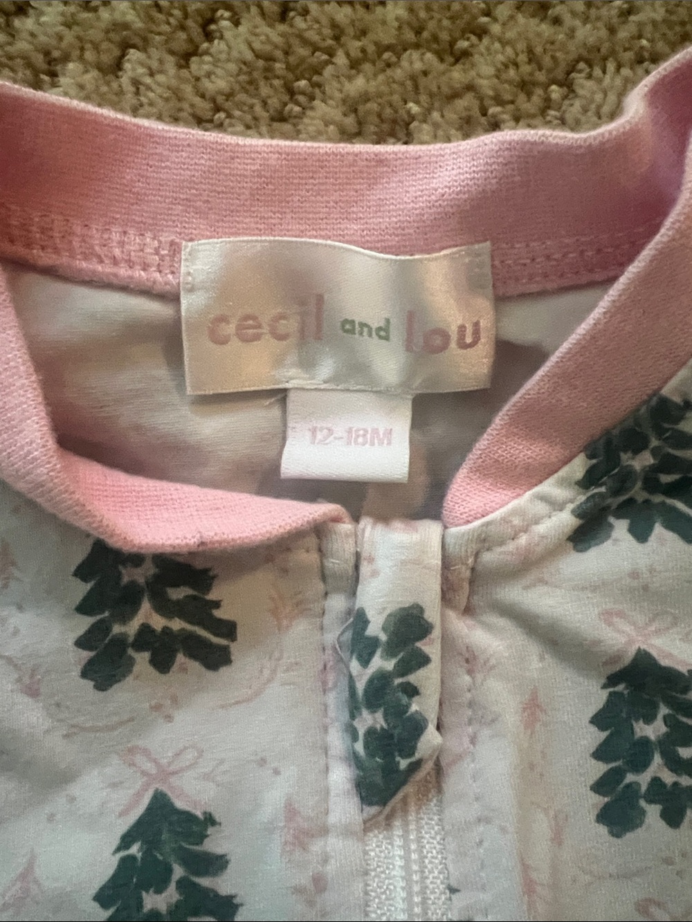 Cecil and Lou Pink Footie with Green Christmas Trees One-Piece Pajamas - Picture 3 of 3
